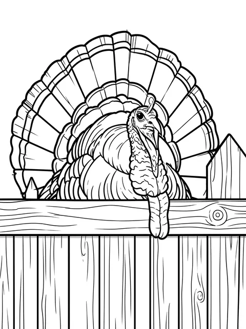 Bold black and white line art of a turkey peeking over a wooden fence on a plain white background
