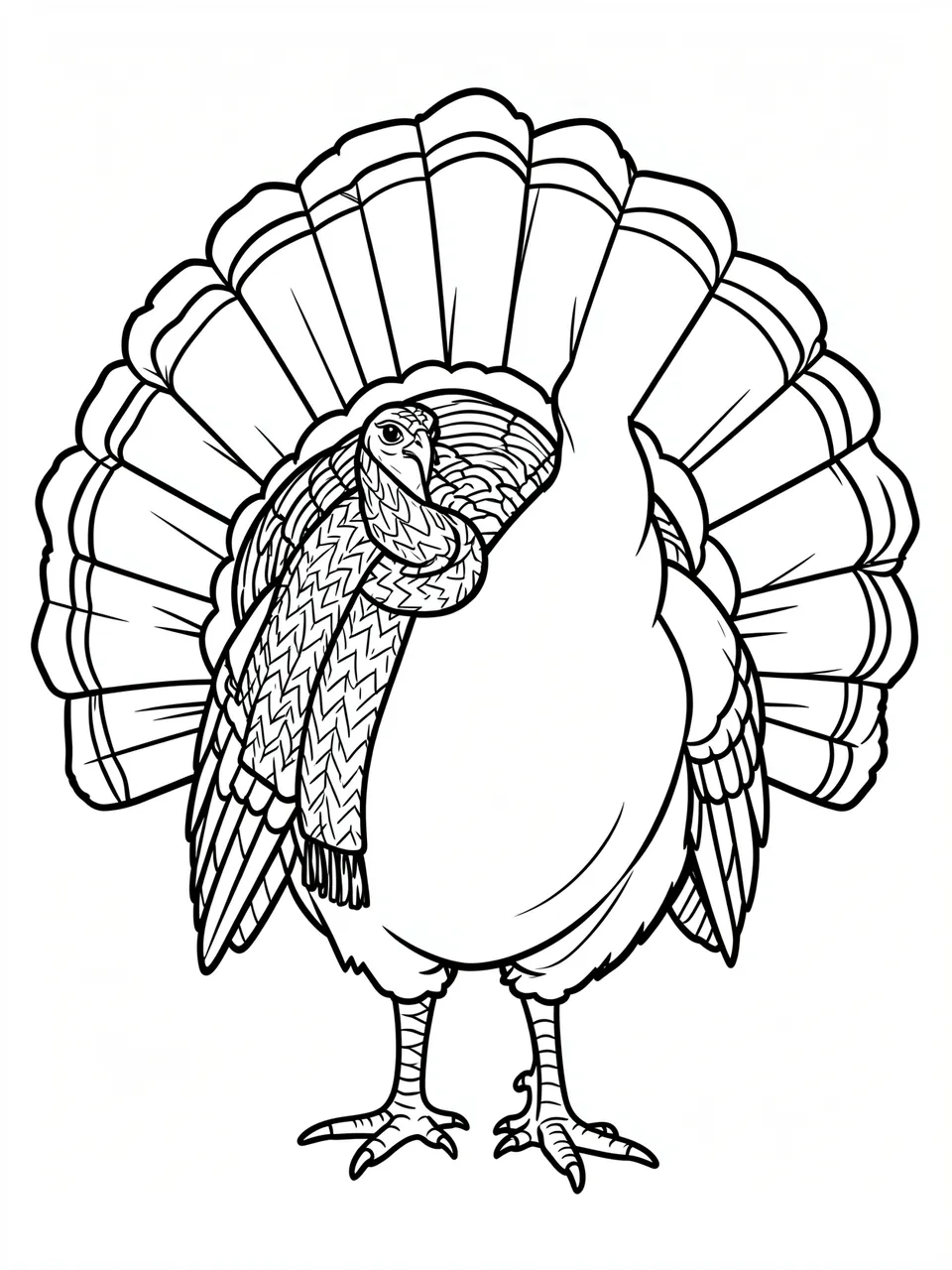 Black and white bold line art of a fanned turkey wearing a knit scarf on a plain white background