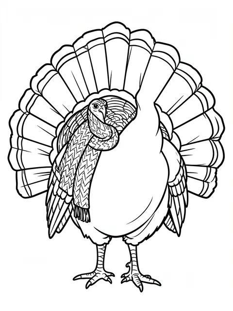 Black and white bold line art of a fanned turkey wearing a knit scarf on a plain white background
