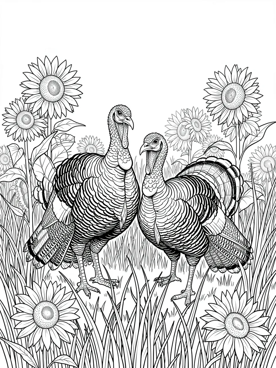 Intricate black and white line art of two turkeys standing in a sunflower and tall grass meadow
