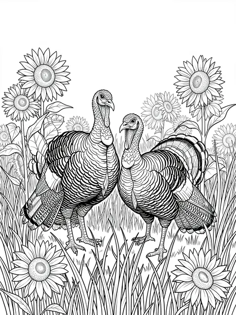 Intricate black and white line art of two turkeys standing in a sunflower and tall grass meadow