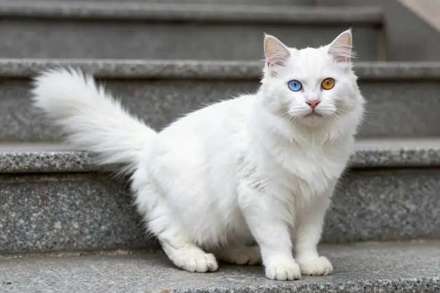 A fluffy white Turkish Angora cat with heterochromatic eyes sits on a granite stone step, facing the camera.
