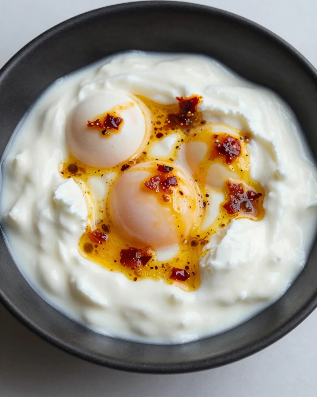 High angle view of a bowl of poached eggs on garlic yogurt topped with spiced chili butter