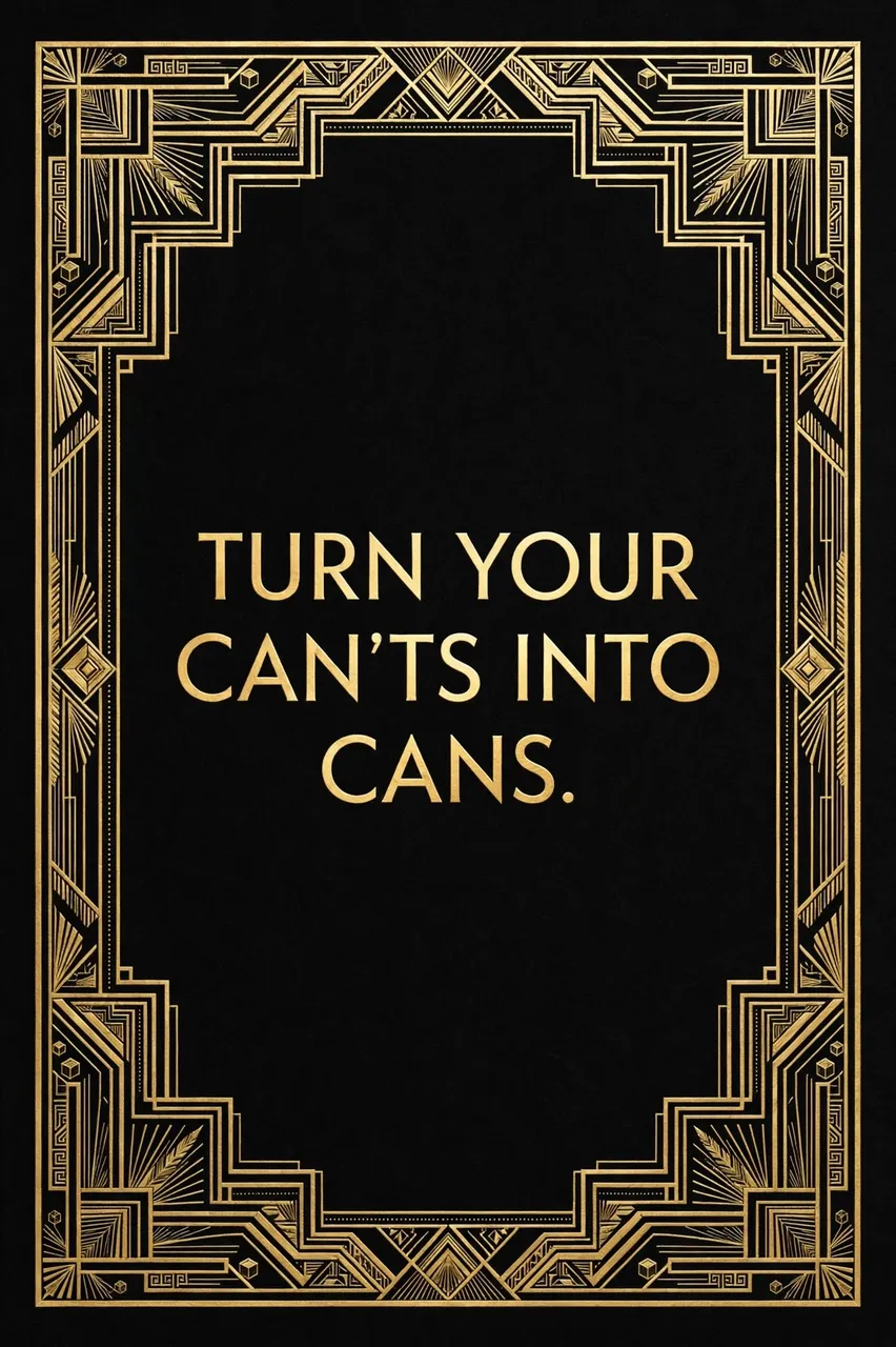 Art deco poster with a gold geometric frame on a black background displaying the quote "Turn your can'ts into cans." in