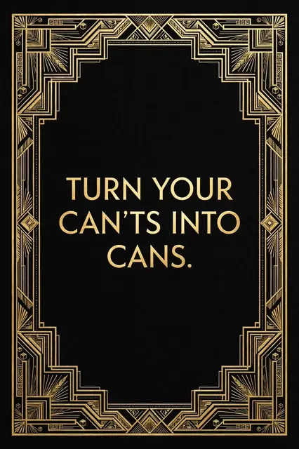 Art deco poster with a gold geometric frame on a black background displaying the quote "Turn your can'ts into cans." in