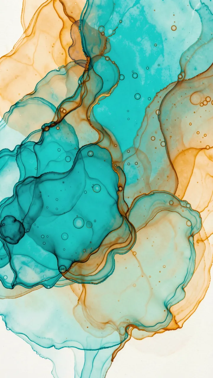 Flowing translucent turquoise and amber alcohol ink shapes with tiny bubbles on a pale off-white background