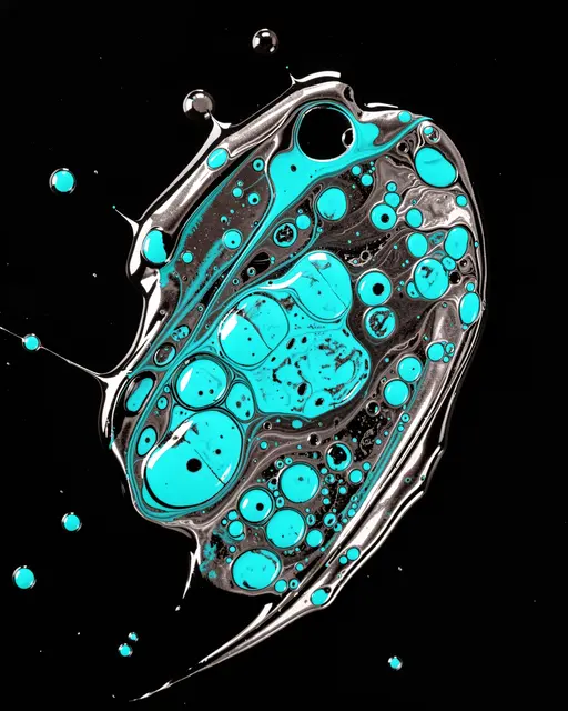 Glossy acrylic pour abstract with bright turquoise cells bursting through black and silver on a dark background