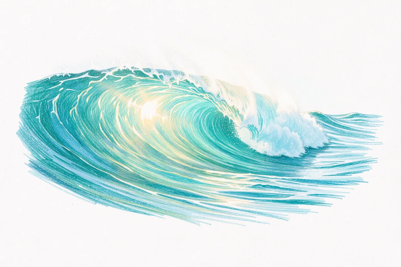 Colored pencil drawing of a glowing turquoise ocean wave curling to break on white paper
