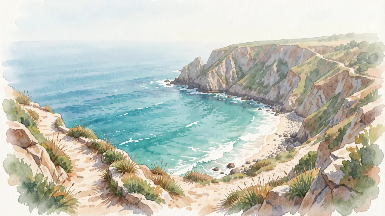 A watercolor illustration of a hazy turquoise cove viewed from a sandy coastal cliff path