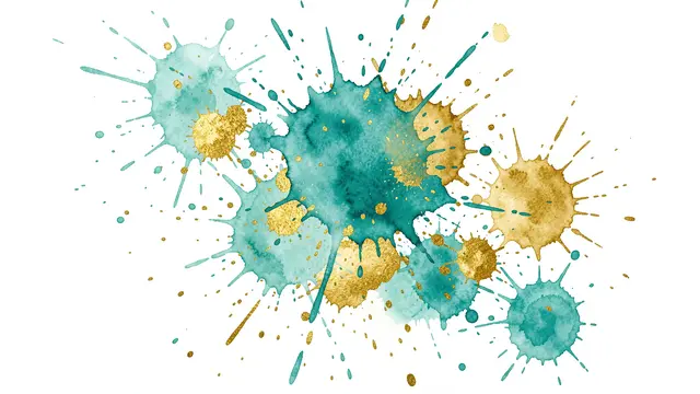 Textured turquoise and metallic gold watercolor splatters arranged across a plain white background
