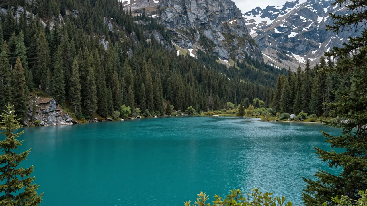 A vivid turquoise alpine lake sits surrounded by dense pine forest and snow-dusted rocky mountains.