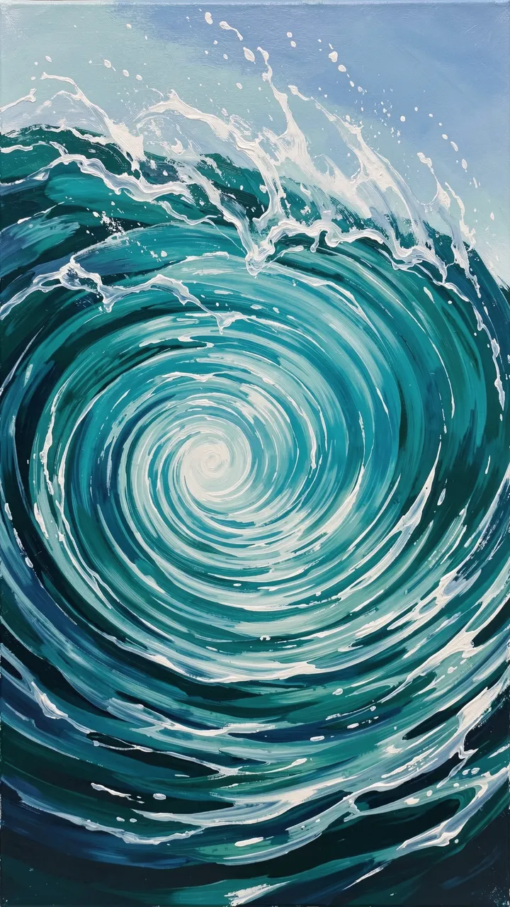Vertical painting of a swirling turquoise ocean wave viewed from inside its glassy curling form