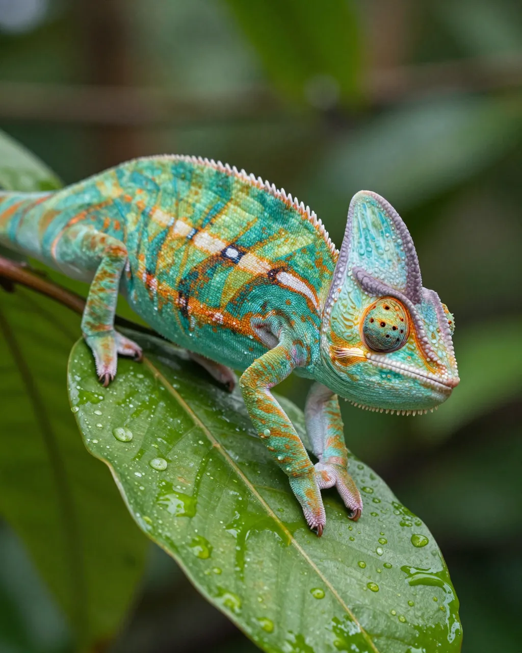 A turquoise and orange chameleon rests on a rain-dusted green leaf against blurred jungle foliage.