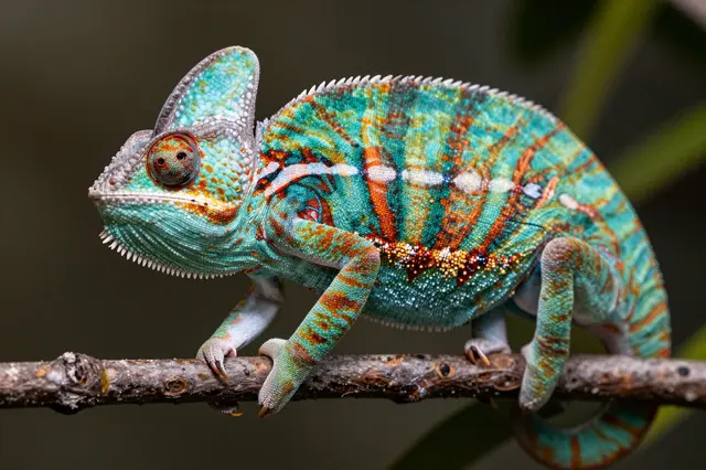 A vibrantly patterned turquoise and red panther chameleon perched on a thin woody twig