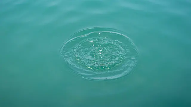 Top-down view of calm turquoise water with a circular ripple ring and tiny central bubbles