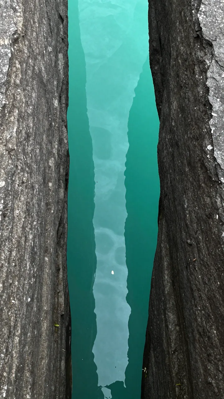 A vertical view looking down through a narrow gap between dark textured rocks at bright rippled turquoise water.