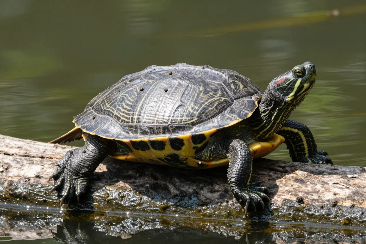 A red eared slider turtle rests and basks on a weathered log floating in murky pond water