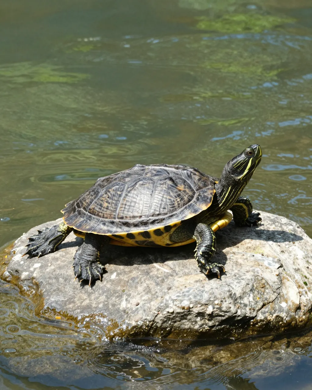 A painted turtle rests on a smooth sunlit rock above flowing green river water