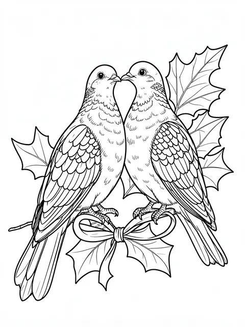 Black and white line art of two facing turtle doves perched on a holly branch tied with a ribbon bow, on a plain white