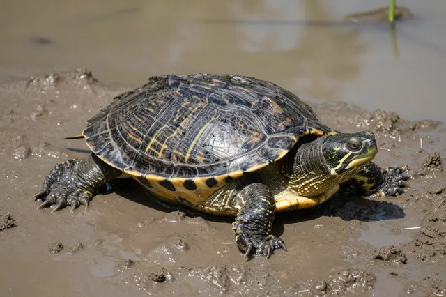 A patterned freshwater turtle rests on wet mud at the edge of a shallow muddy pond