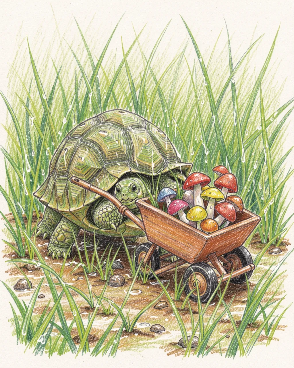 Colored pencil drawing of a box turtle pushing a tiny wheelbarrow full of colorful mushrooms through damp grass.