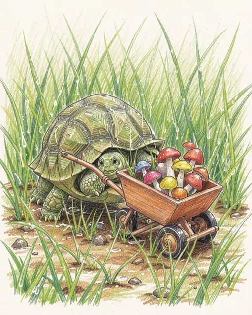 Colored pencil drawing of a box turtle pushing a tiny wheelbarrow full of colorful mushrooms through damp grass.