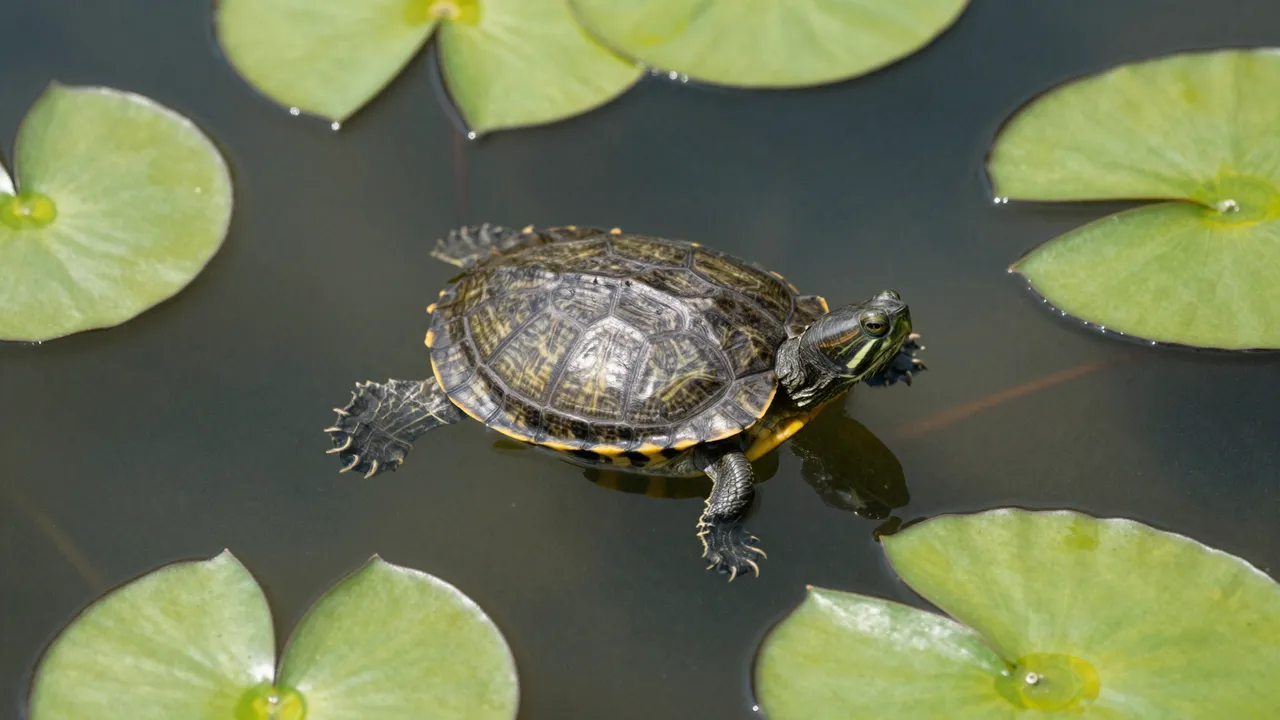 A small pond turtle floats at the water surface surrounded by green lily pads viewed from above