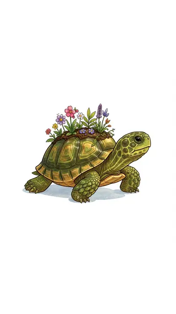 A cute illustrated turtle carries a tiny colorful flower garden growing on its shell.