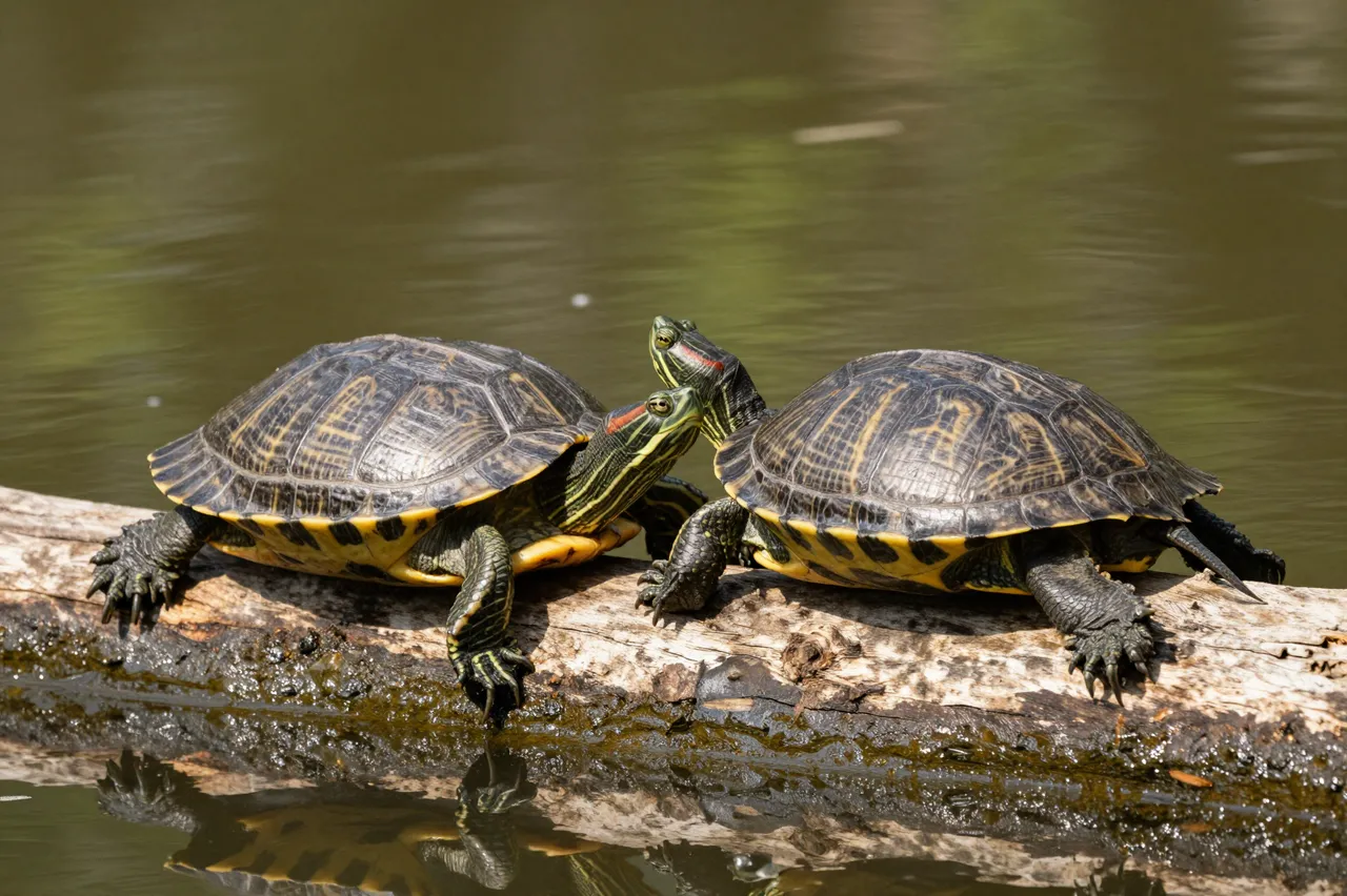 Two red-eared slider turtles rest touching heads on a half-sunken pond log in warm afternoon light
