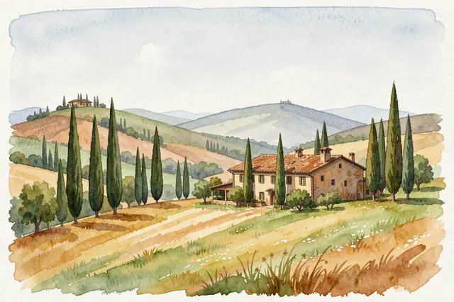 Watercolor painting of rolling Tuscan hills, cypress trees, and a stone farmhouse under a soft pale sky.
