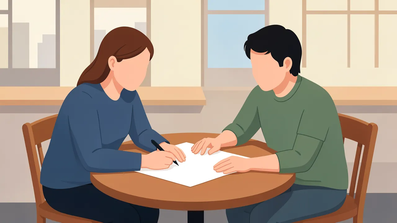 Two faceless adult people sit at a round cafe table working on a blank sheet of paper together