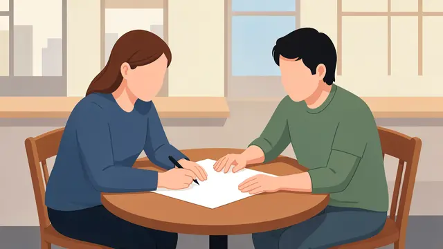 Two faceless adult people sit at a round cafe table working on a blank sheet of paper together