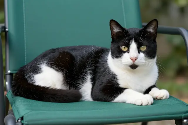 A black and white tuxedo cat with white paws rests on a green garden chair cushion in bright outdoor sun.