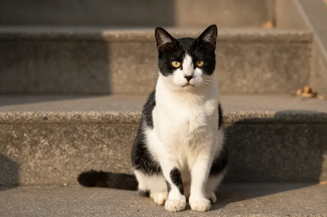 A black and white tuxedo cat sits upright on granite steps bathed in warm evening sunlight.