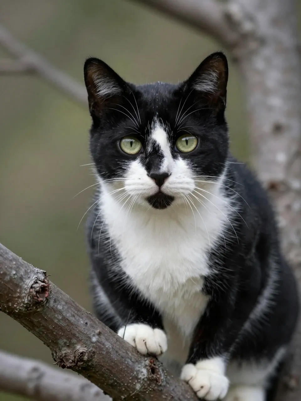 A black and white tuxedo cat with long white whiskers perched on a tree branch looking directly at the viewer.