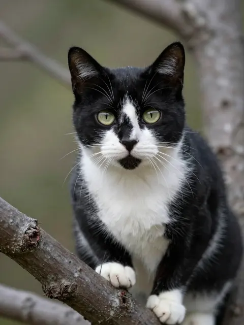 A black and white tuxedo cat with long white whiskers perched on a tree branch looking directly at the viewer.