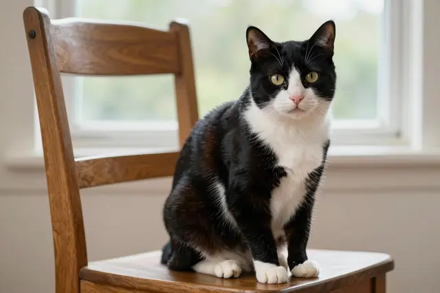 A tuxedo cat sits upright on a wooden dining chair in front of a bright window.
