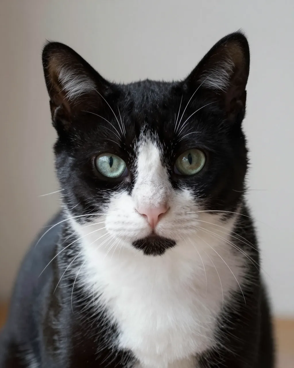Close-up portrait of a black and white tuxedo cat staring directly at the camera