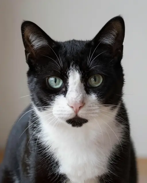 Close-up portrait of a black and white tuxedo cat staring directly at the camera