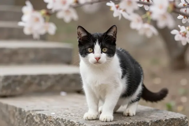 Black and white tuxedo kitten sits on a weathered stone step beneath blooming spring blossom branches.