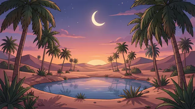 Anime-style illustration of a desert oasis with palm trees, a crescent moon, and a gradient twilight sky