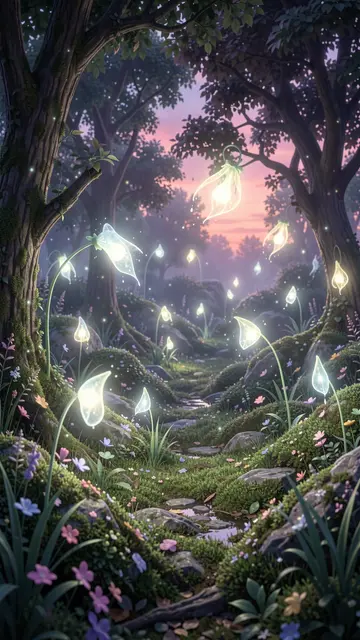 Glowing will-o'-the-wisp lights drift above a mossy flowered glade at soft pink twilight