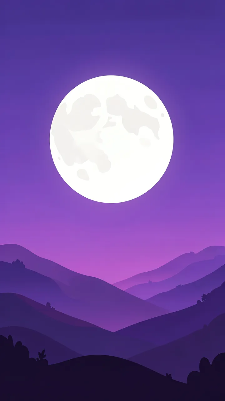 A large pale full moon hangs above layered rolling hills beneath a gradient purple twilight sky