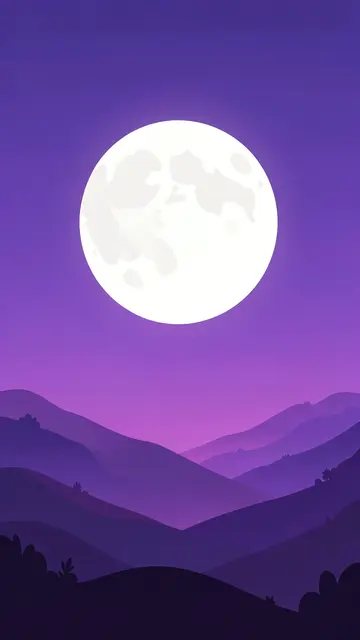 A large pale full moon hangs above layered rolling hills beneath a gradient purple twilight sky