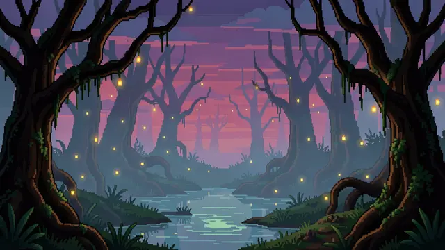 16-bit pixel art misty swamp scene at twilight with twisted trees and glowing fireflies