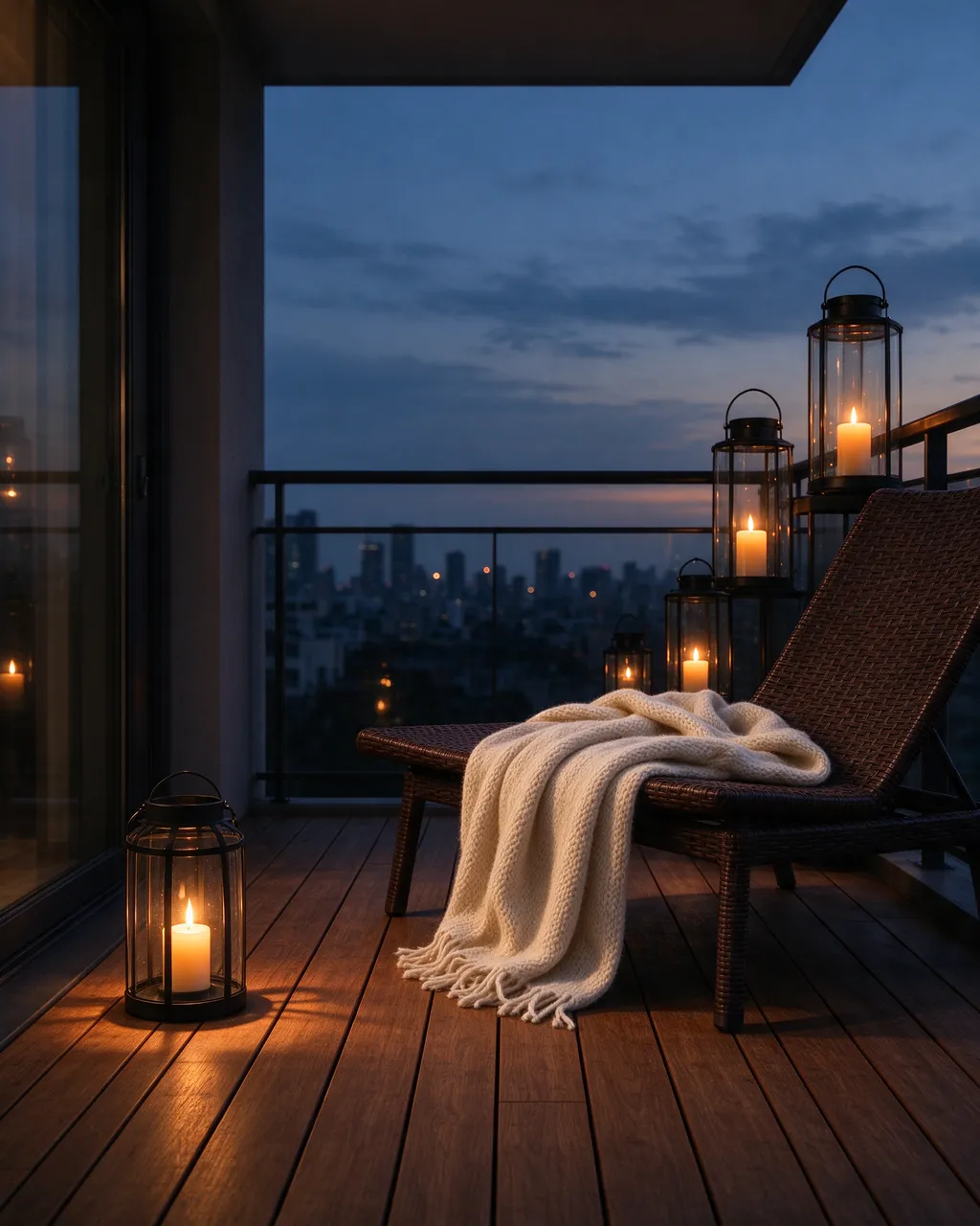 Woven lounge chair with a wool throw sits between glowing lanterns on a wooden balcony at twilight overlooking a city skyline