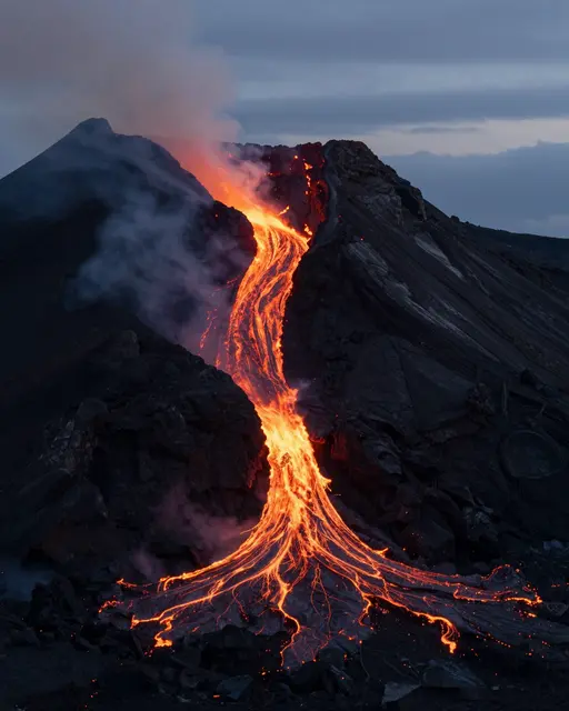 Glowing orange lava flows down a dark volcanic slope beneath a cloudy twilight sky