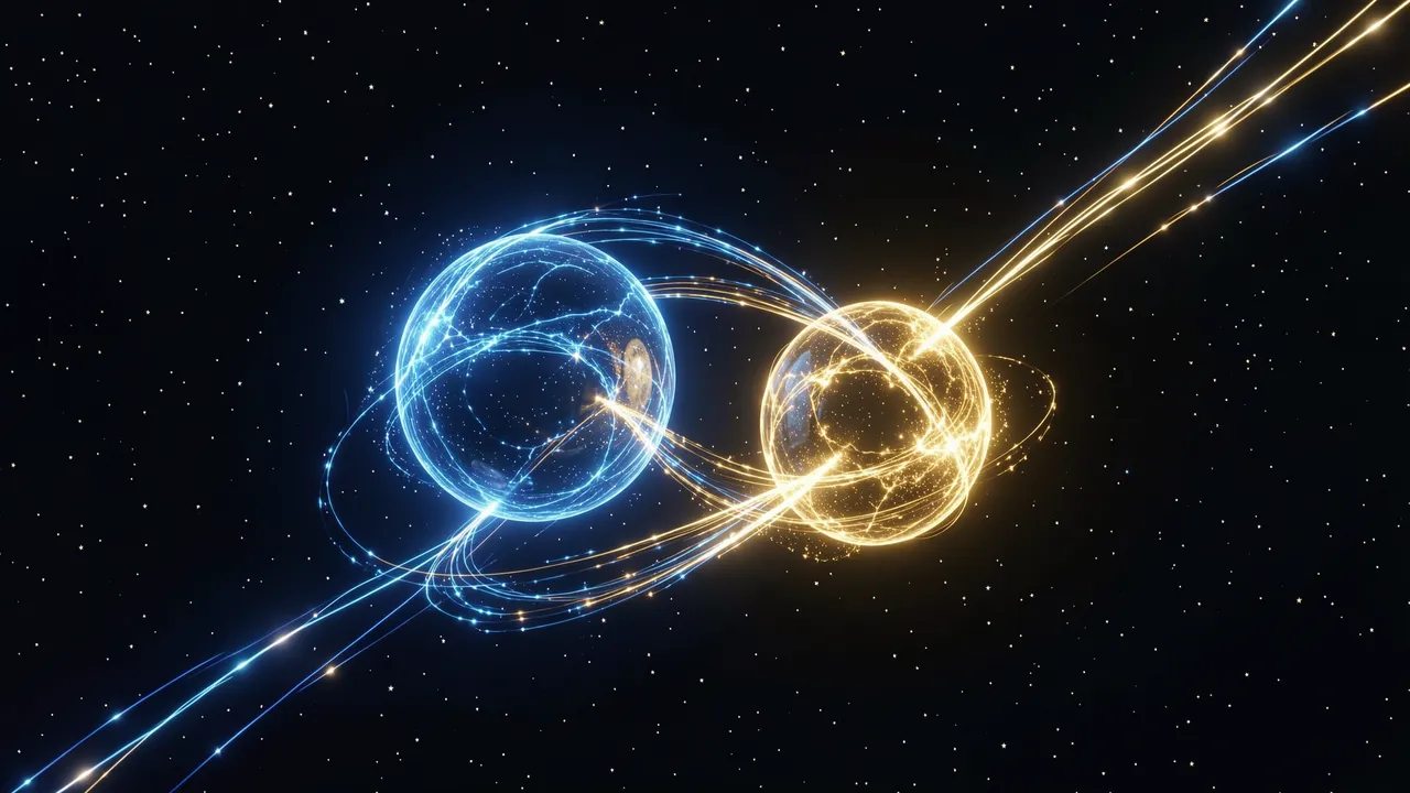 Intertwined blue and gold glowing wireframe orbs leave light trails across a starry dark space background