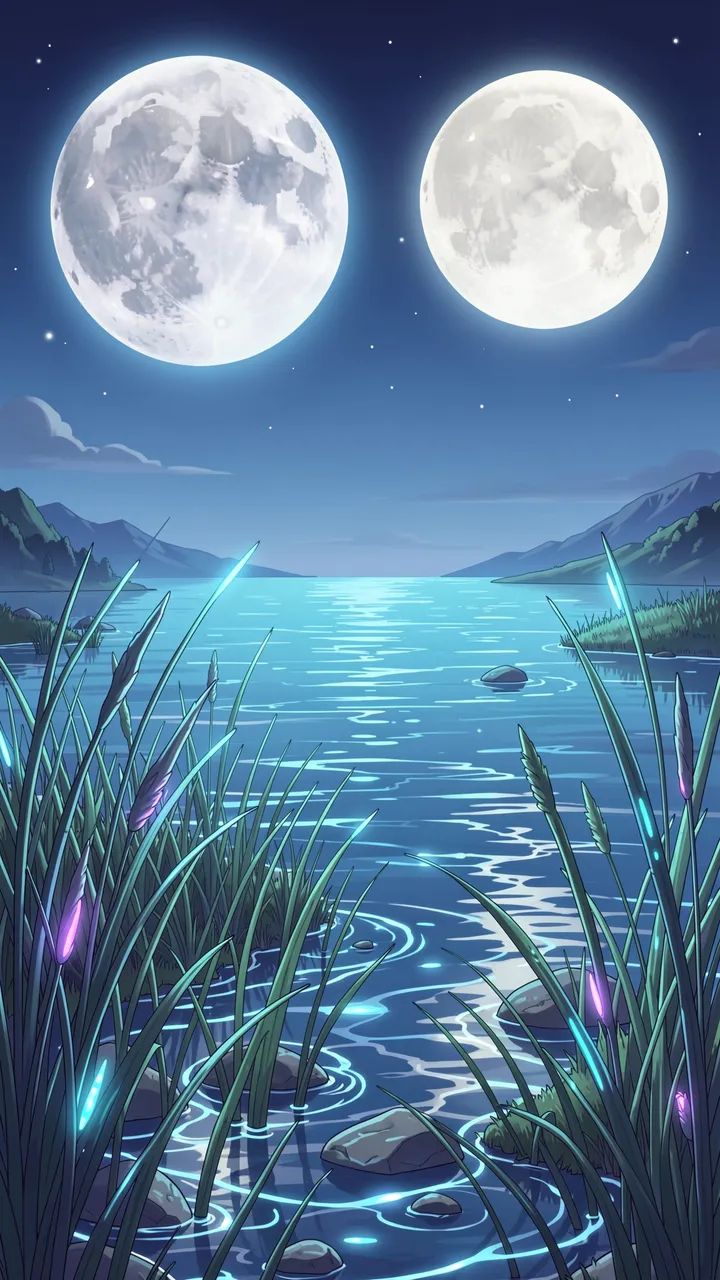 Anime-style night lakeshore with glowing reeds under two large full moons above distant mountains