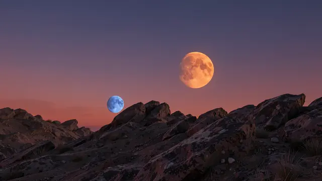 Blue and orange full moons rise above a jagged rocky alien ridge at gradient twilight